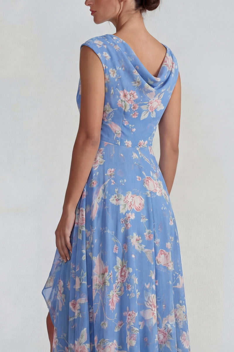 Laden Sie das Bild in den Galerie-Viewer, Blaues Rosa Chiffon Rüschen A-Linie Midi Kleid mit Schlitz