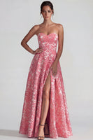Laden Sie das Bild in den Galerie-Viewer, Blush Jacquard Trägerloses Gerafftes A-Linie Langes Festkleid mit Schlitz