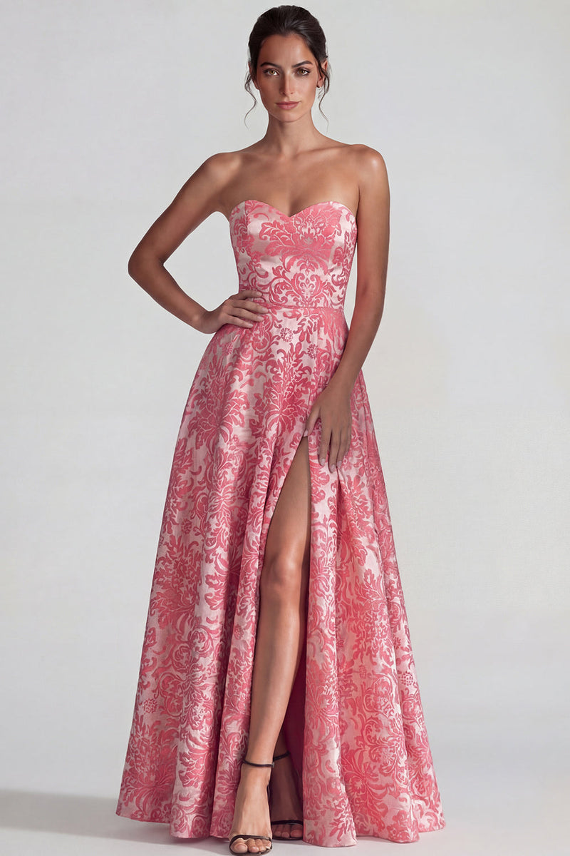 Laden Sie das Bild in den Galerie-Viewer, Blush Jacquard Trägerloses Gerafftes A-Linie Langes Festkleid mit Schlitz