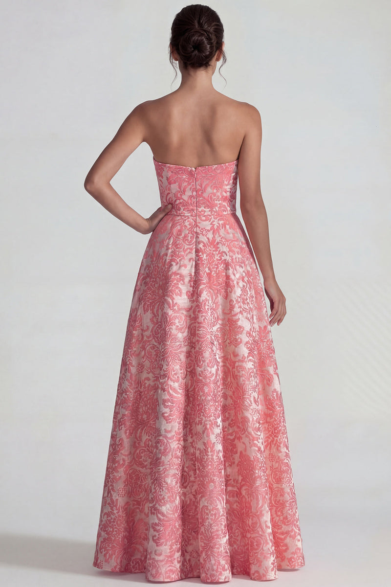 Laden Sie das Bild in den Galerie-Viewer, Blush Jacquard Trägerloses Gerafftes A-Linie Langes Festkleid mit Schlitz