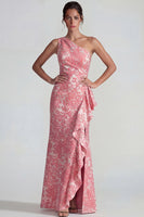 Laden Sie das Bild in den Galerie-Viewer, Blush Jacquard Einschulter Rüschen Scheide Langes Festliches Kleid mit Schlitz