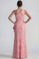 Laden Sie das Bild in den Galerie-Viewer, Blush Jacquard Einschulter Rüschen Scheide Langes Festliches Kleid mit Schlitz