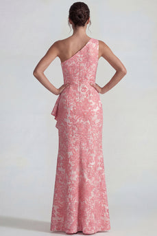 Blush Jacquard Einschulter Rüschen Scheide Langes Festliches Kleid mit Schlitz