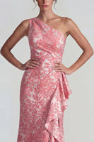 Laden Sie das Bild in den Galerie-Viewer, Blush Jacquard Einschulter Rüschen Scheide Langes Festliches Kleid mit Schlitz