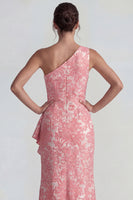 Laden Sie das Bild in den Galerie-Viewer, Blush Jacquard Einschulter Rüschen Scheide Langes Festliches Kleid mit Schlitz
