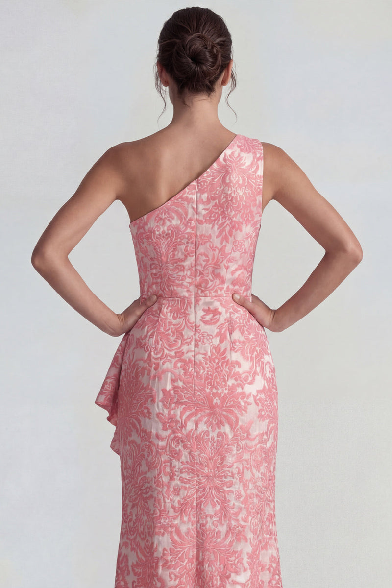 Laden Sie das Bild in den Galerie-Viewer, Blush Jacquard Einschulter Rüschen Scheide Langes Festliches Kleid mit Schlitz