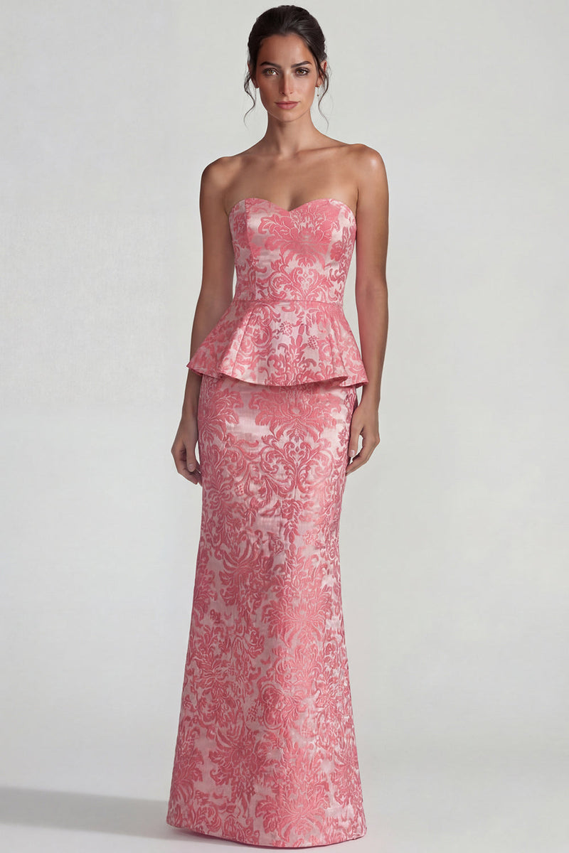 Laden Sie das Bild in den Galerie-Viewer, Blush Jacquard Trägerloses Rüschen Sheath Langes Festkleid