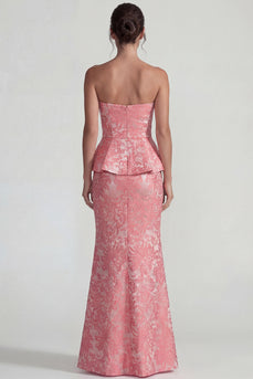 Blush Jacquard Trägerloses Rüschen Sheath Langes Festkleid