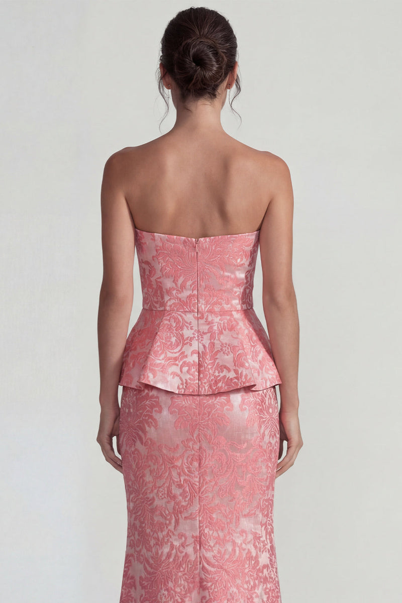 Laden Sie das Bild in den Galerie-Viewer, Blush Jacquard Trägerloses Rüschen Sheath Langes Festkleid