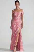 Laden Sie das Bild in den Galerie-Viewer, Blush Jacquard Schulterfreies Scheide Langes Festkleid mit Schlitz
