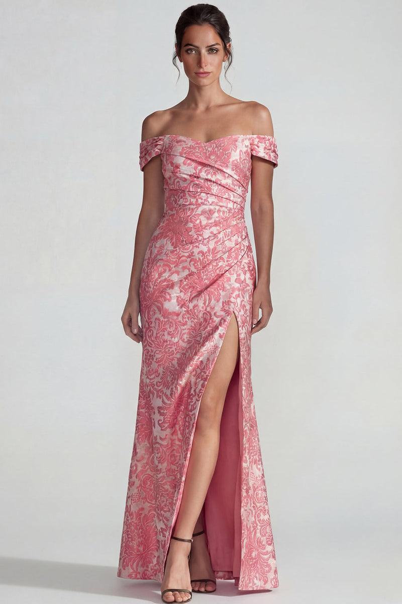 Laden Sie das Bild in den Galerie-Viewer, Blush Jacquard Schulterfreies Scheide Langes Festkleid mit Schlitz