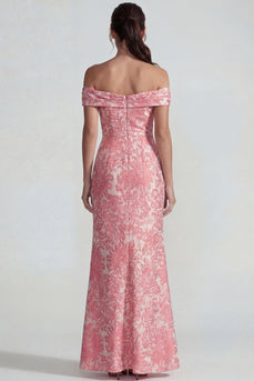 Blush Jacquard Schulterfreies Scheide Langes Festkleid mit Schlitz