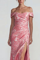 Laden Sie das Bild in den Galerie-Viewer, Blush Jacquard Schulterfreies Scheide Langes Festkleid mit Schlitz