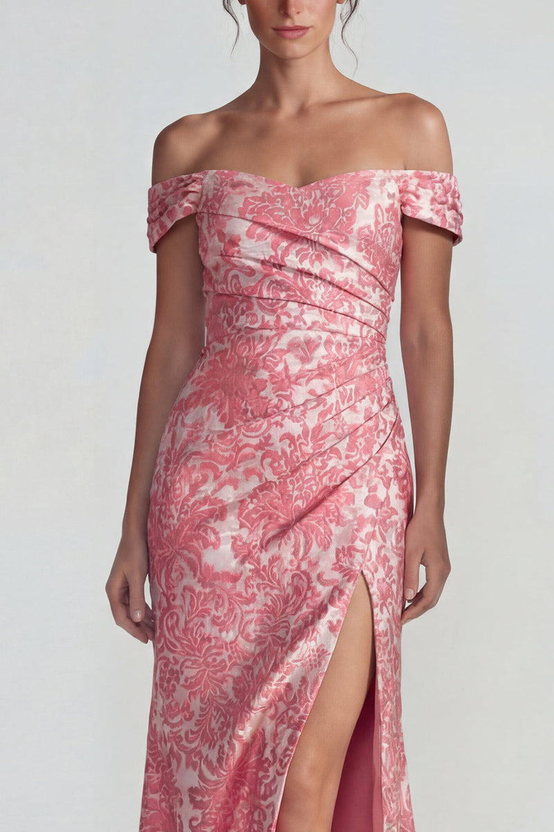 Laden Sie das Bild in den Galerie-Viewer, Blush Jacquard Schulterfreies Scheide Langes Festkleid mit Schlitz