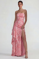 Laden Sie das Bild in den Galerie-Viewer, Blush Jacquard Rüschendes Trägerloses Sheath Langes Festkleid mit Schlitz
