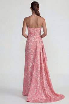 Blush Jacquard Rüschendes Trägerloses Sheath Langes Festkleid mit Schlitz