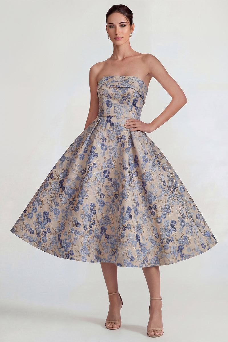 Laden Sie das Bild in den Galerie-Viewer, Graublaues Jacquard Trägerloses A-Linie Midi Kleid mit Reißverschluss hinten
