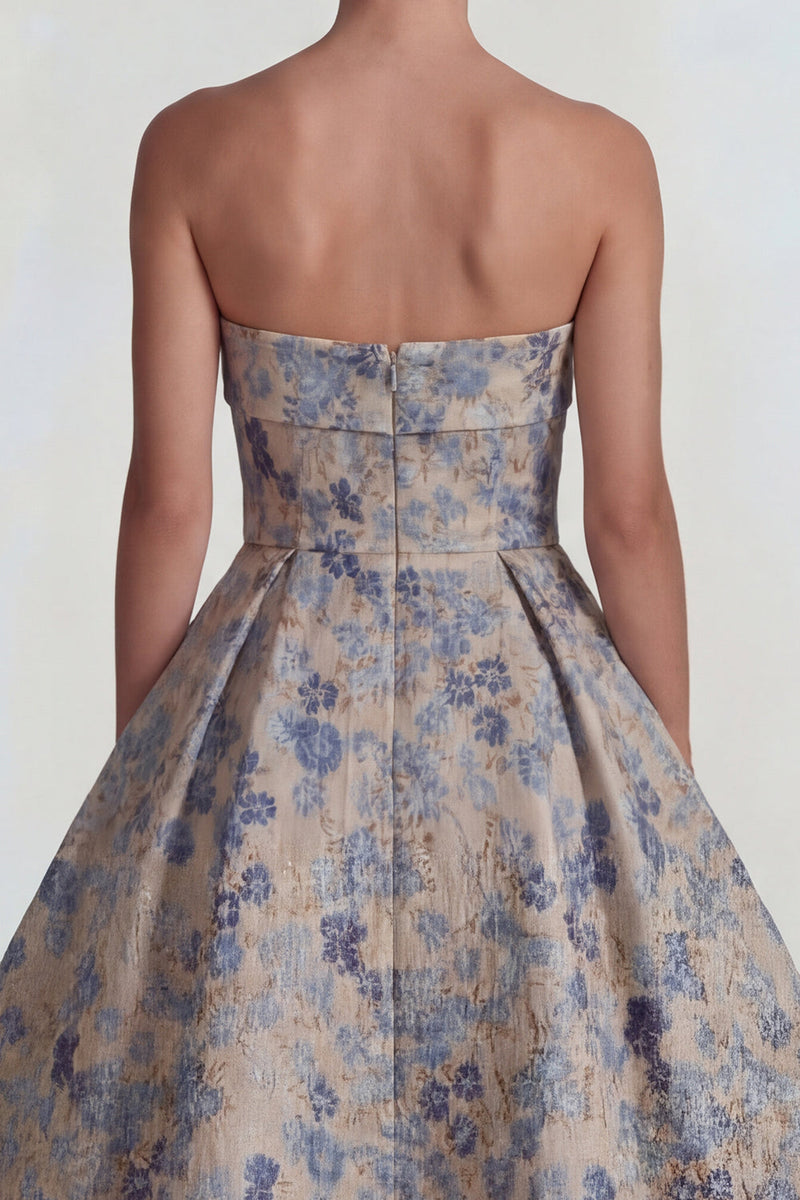 Laden Sie das Bild in den Galerie-Viewer, Graublaues Jacquard Trägerloses A-Linie Midi Kleid mit Reißverschluss hinten