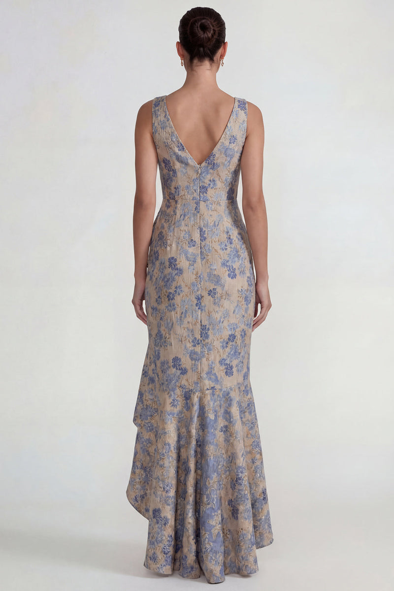Laden Sie das Bild in den Galerie-Viewer, Graublaues Jacquard Rüschen V-Ausschnitt Meerjungfrauen Langes Festkleid mit Schlitz