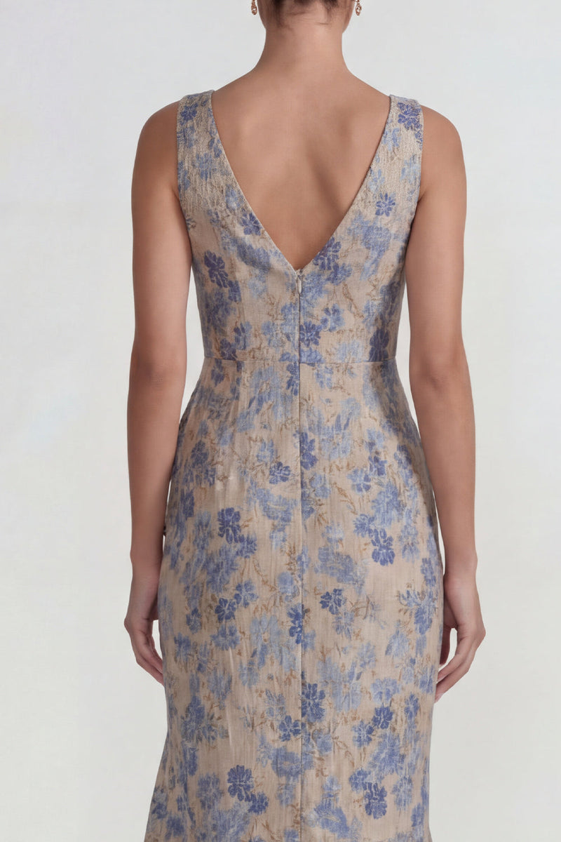 Laden Sie das Bild in den Galerie-Viewer, Graublaues Jacquard Rüschen V-Ausschnitt Meerjungfrauen Langes Festkleid mit Schlitz