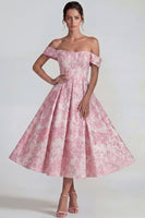 Laden Sie das Bild in den Galerie-Viewer, Rosa Jacquard Korsett Ohne Schulter A-Linie Midi Kleid