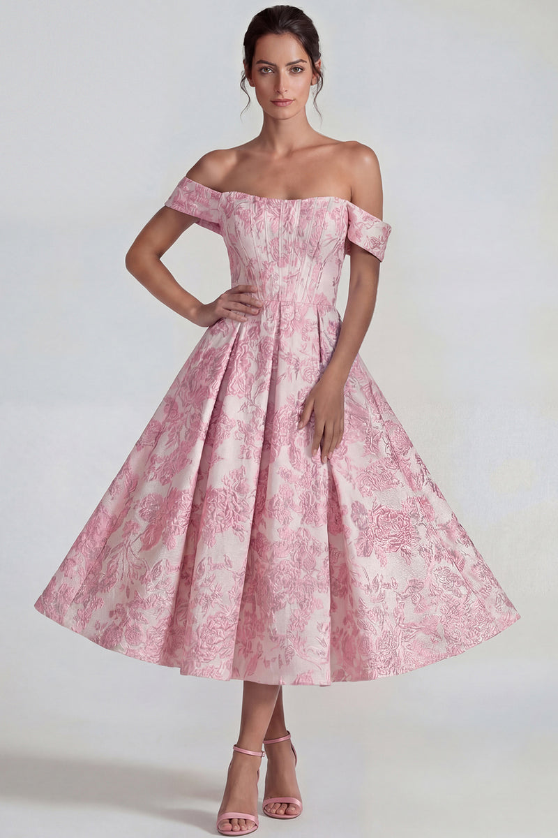 Laden Sie das Bild in den Galerie-Viewer, Rosa Jacquard Korsett Ohne Schulter A-Linie Midi Kleid