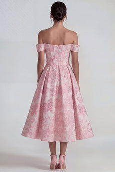 Rosa Jacquard Korsett Ohne Schulter A-Linie Midi Kleid
