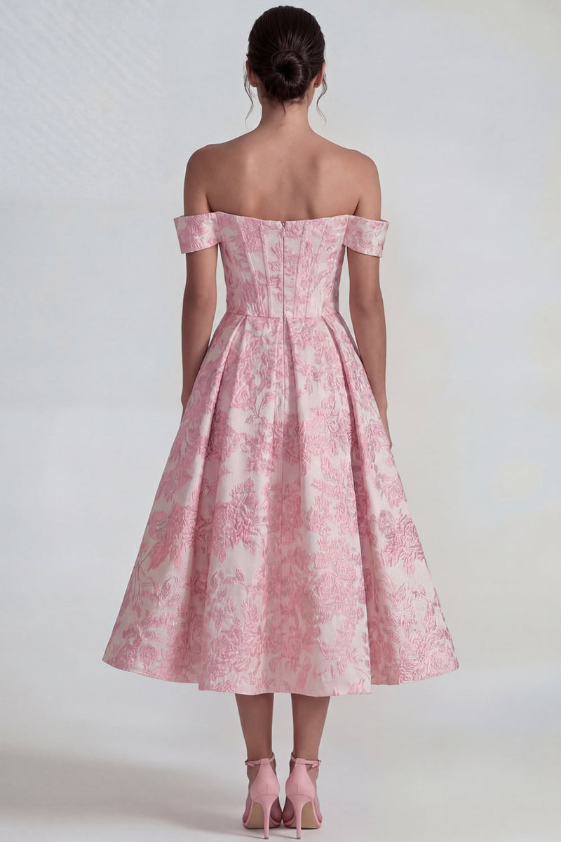 Laden Sie das Bild in den Galerie-Viewer, Rosa Jacquard Korsett Ohne Schulter A-Linie Midi Kleid