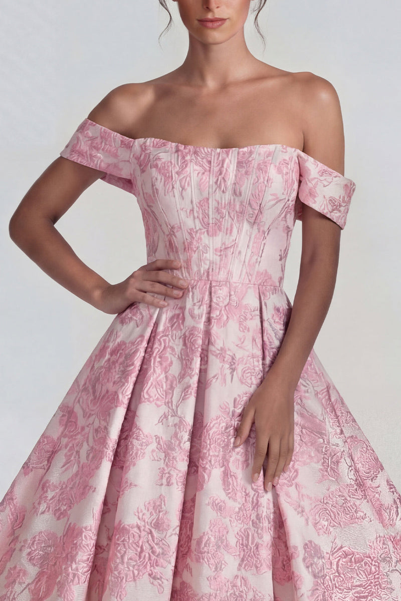Laden Sie das Bild in den Galerie-Viewer, Rosa Jacquard Korsett Ohne Schulter A-Linie Midi Kleid
