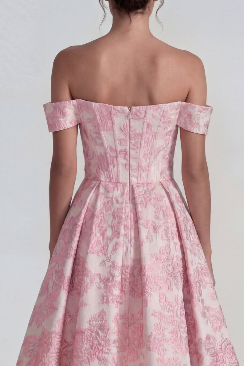 Laden Sie das Bild in den Galerie-Viewer, Rosa Jacquard Korsett Ohne Schulter A-Linie Midi Kleid