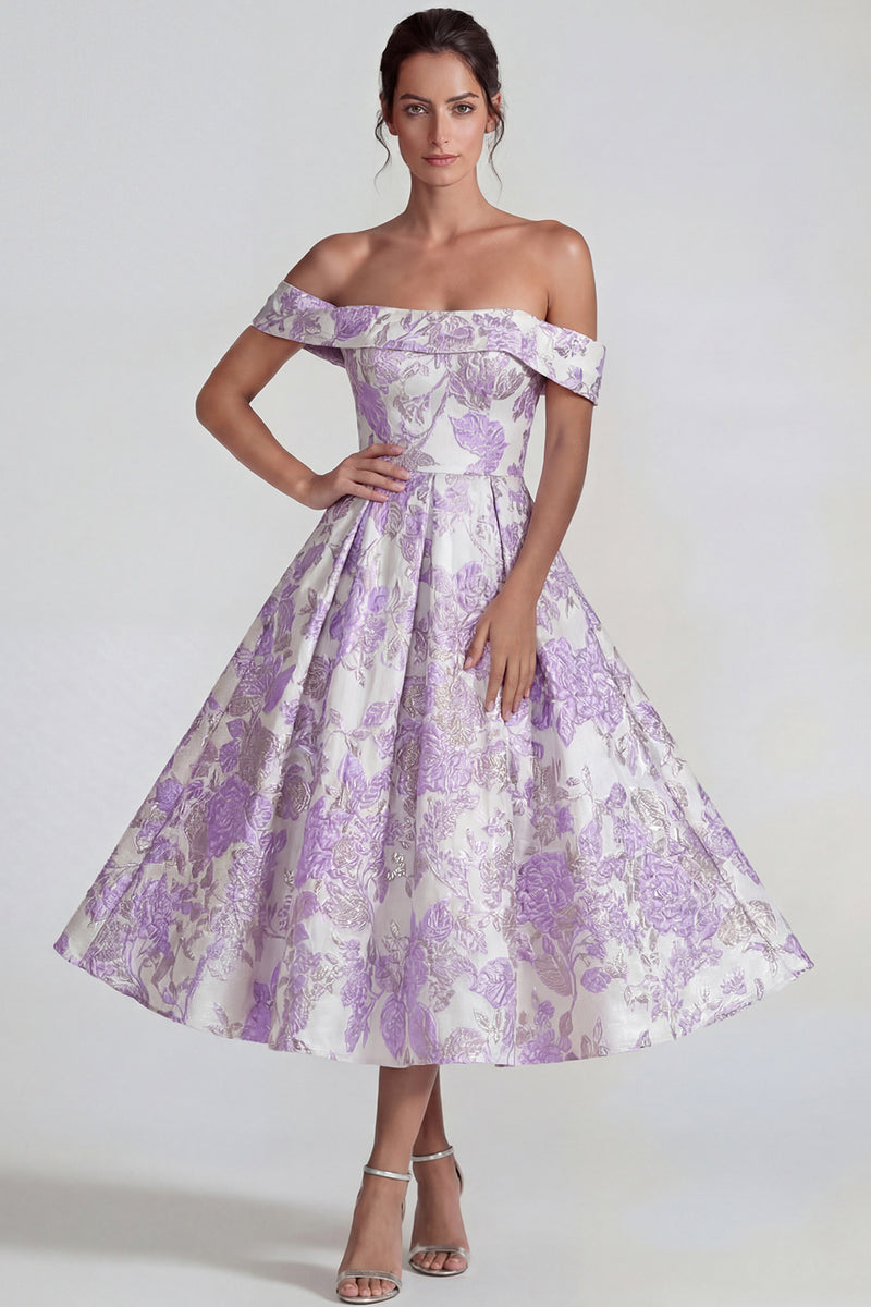 Laden Sie das Bild in den Galerie-Viewer, Flieder Jacquard Schulterfreies A-Linie Midi Kleid