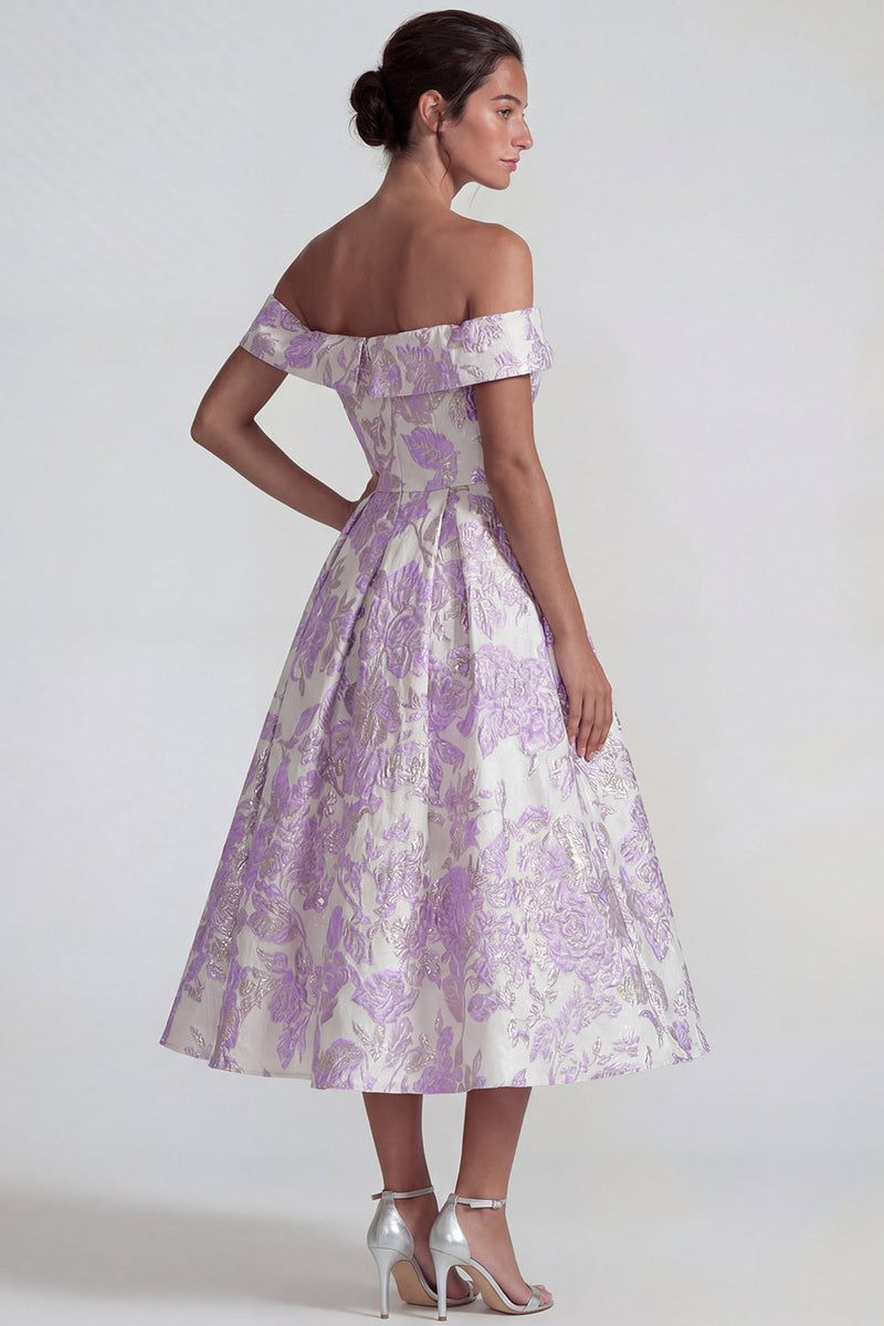 Laden Sie das Bild in den Galerie-Viewer, Flieder Jacquard Schulterfreies A-Linie Midi Kleid