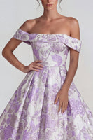 Laden Sie das Bild in den Galerie-Viewer, Flieder Jacquard Schulterfreies A-Linie Midi Kleid