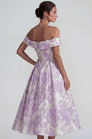 Laden Sie das Bild in den Galerie-Viewer, Flieder Jacquard Schulterfreies A-Linie Midi Kleid