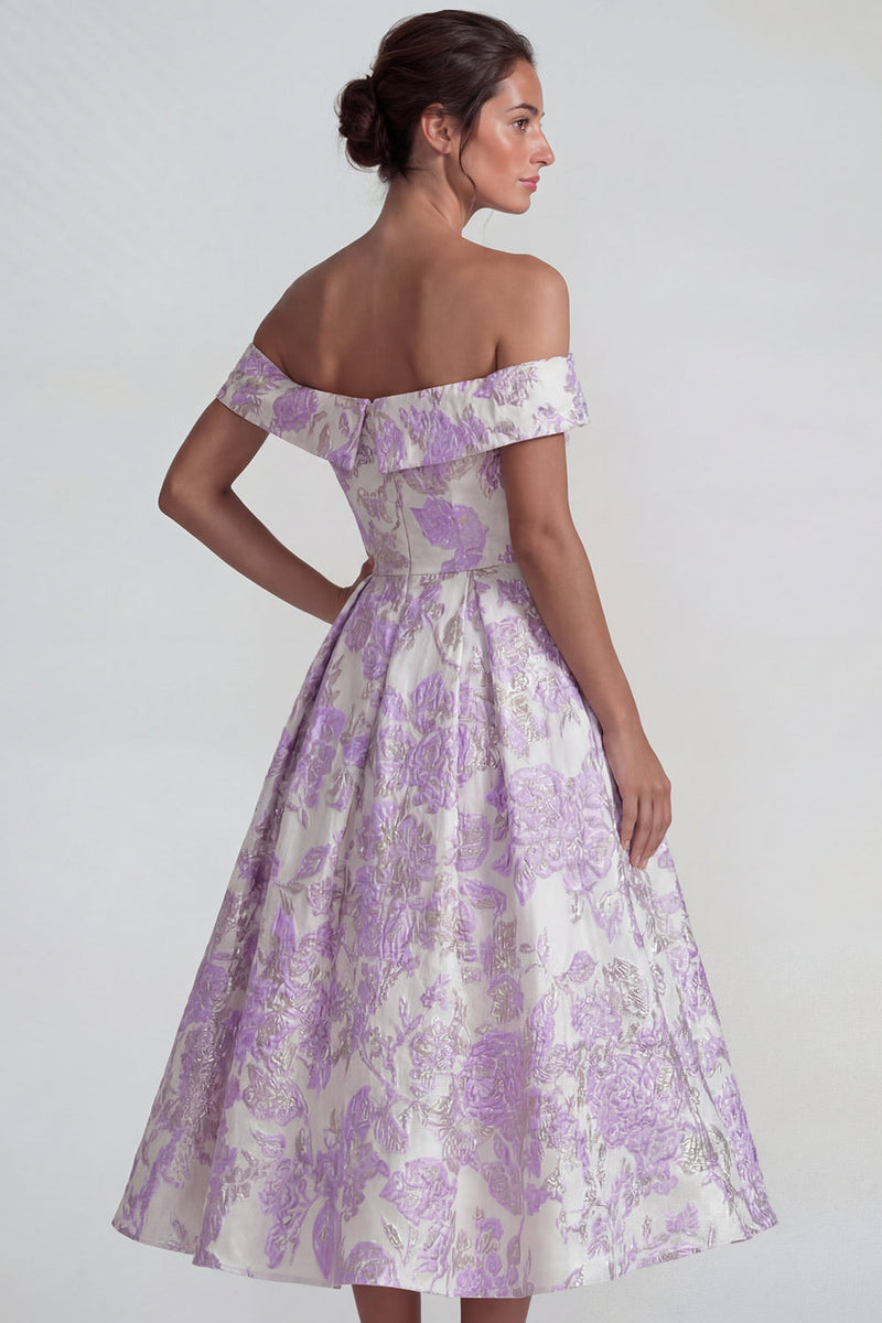 Laden Sie das Bild in den Galerie-Viewer, Flieder Jacquard Schulterfreies A-Linie Midi Kleid