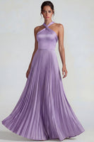 Laden Sie das Bild in den Galerie-Viewer, Flieder Satin Neckholder A-Linie Langes Festliches Kleid mit Falten