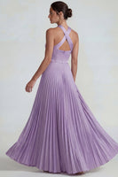Laden Sie das Bild in den Galerie-Viewer, Flieder Satin Neckholder A-Linie Langes Festliches Kleid mit Falten