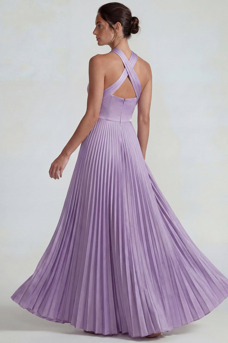 Laden Sie das Bild in den Galerie-Viewer, Flieder Satin Neckholder A-Linie Langes Festliches Kleid mit Falten