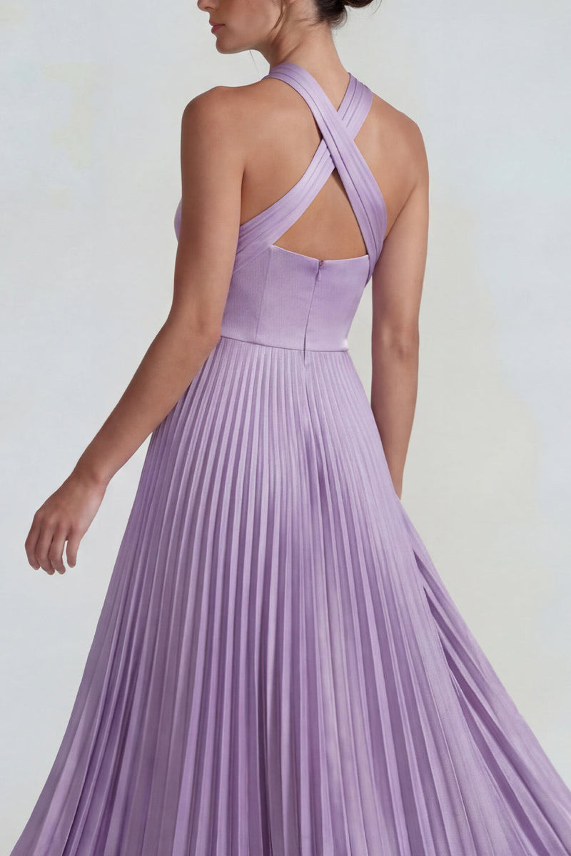 Laden Sie das Bild in den Galerie-Viewer, Flieder Satin Neckholder A-Linie Langes Festliches Kleid mit Falten