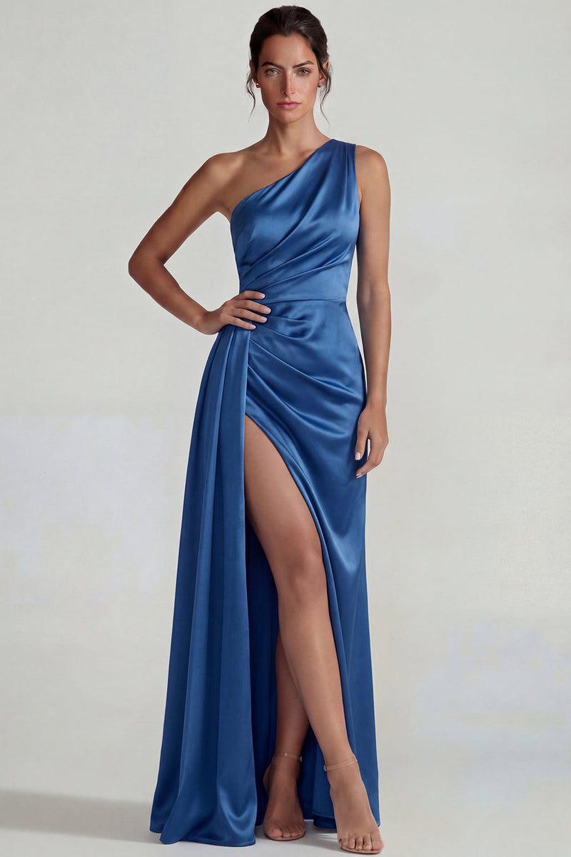 Laden Sie das Bild in den Galerie-Viewer, Dunkelblaues Einschulteriges Satin Gerafftes Scheide Langes Formelles Kleid mit Schlitz