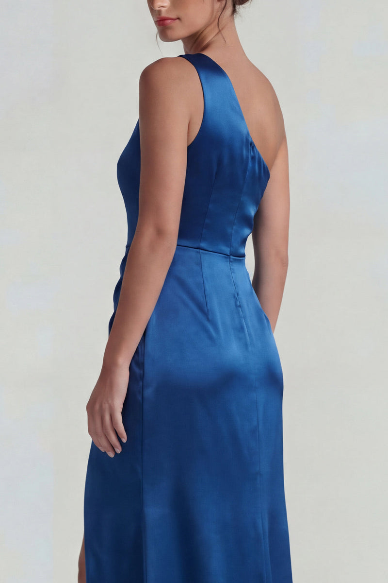 Laden Sie das Bild in den Galerie-Viewer, Dunkelblaues Einschulteriges Satin Gerafftes Scheide Langes Formelles Kleid mit Schlitz