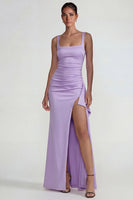 Laden Sie das Bild in den Galerie-Viewer, Flieder Quadratischer Satin Gerafftes Langes Festliche Kleid mit Schlitz