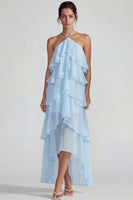 Laden Sie das Bild in den Galerie-Viewer, Blaues Rüschen Chiffon Neckholder Gestuftes A-Linie Midi Kleid