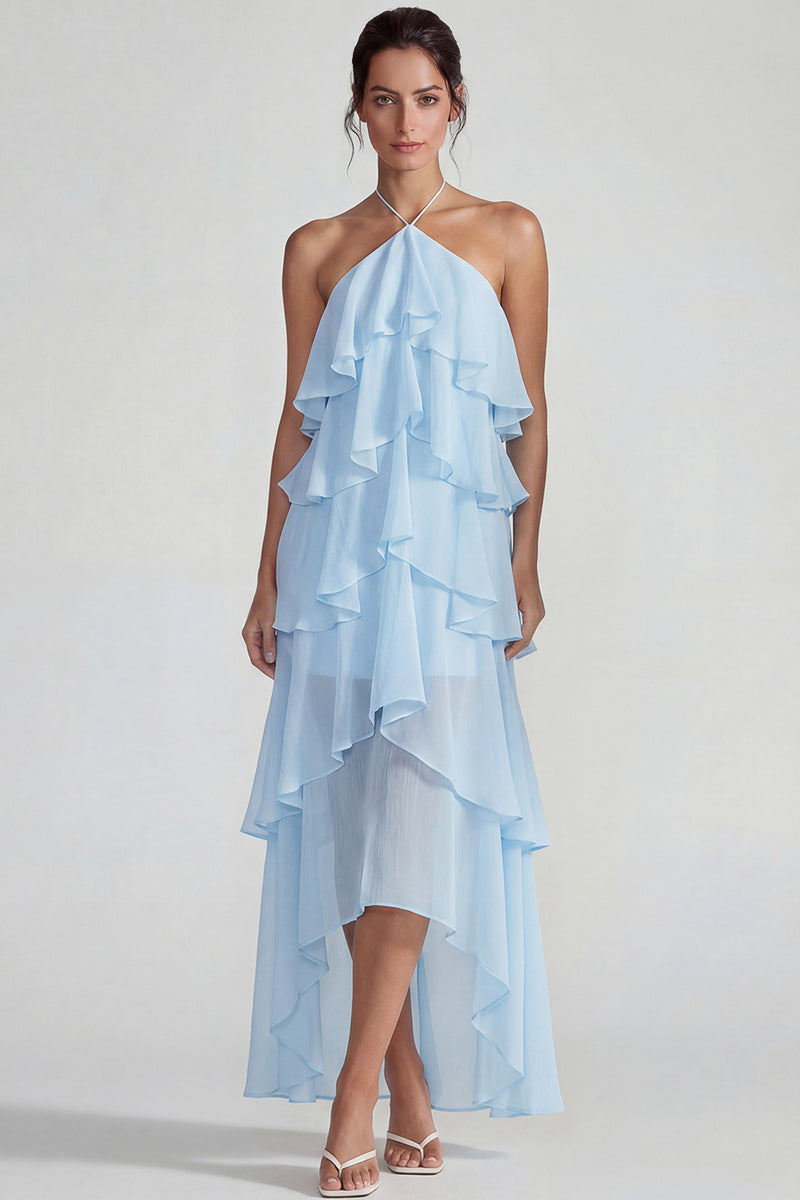 Laden Sie das Bild in den Galerie-Viewer, Blaues Rüschen Chiffon Neckholder Gestuftes A-Linie Midi Kleid
