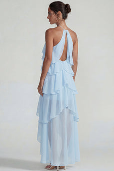 Blaues Rüschen Chiffon Neckholder Gestuftes A-Linie Midi Kleid