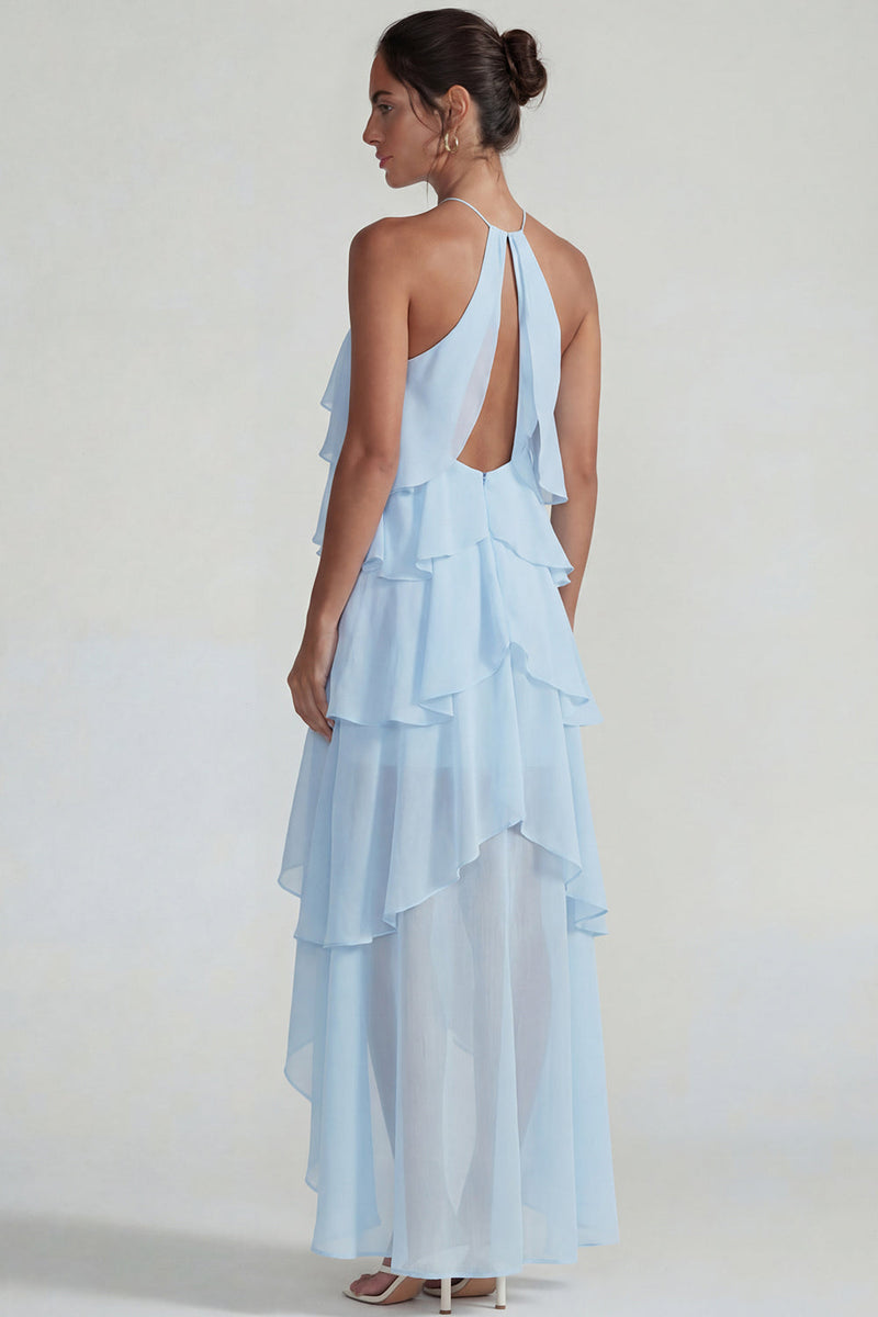 Laden Sie das Bild in den Galerie-Viewer, Blaues Rüschen Chiffon Neckholder Gestuftes A-Linie Midi Kleid