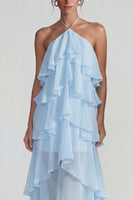 Laden Sie das Bild in den Galerie-Viewer, Blaues Rüschen Chiffon Neckholder Gestuftes A-Linie Midi Kleid