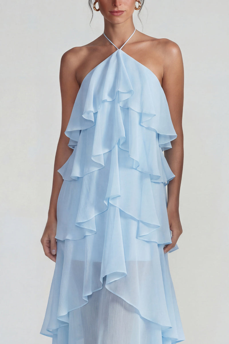 Laden Sie das Bild in den Galerie-Viewer, Blaues Rüschen Chiffon Neckholder Gestuftes A-Linie Midi Kleid