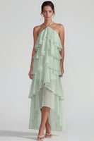 Laden Sie das Bild in den Galerie-Viewer, Blaues Rüschen Chiffon Neckholder Gestuftes A-Linie Midi Kleid