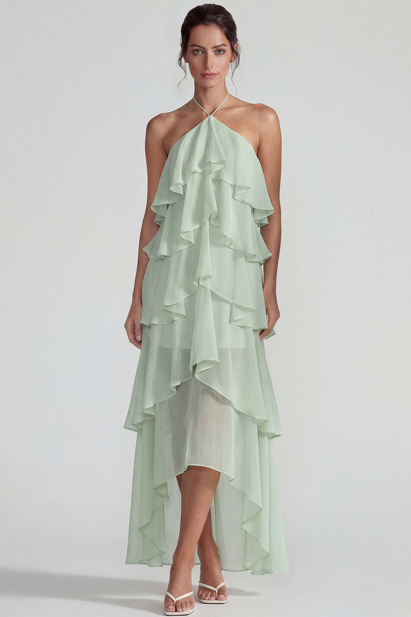 Laden Sie das Bild in den Galerie-Viewer, Blaues Rüschen Chiffon Neckholder Gestuftes A-Linie Midi Kleid